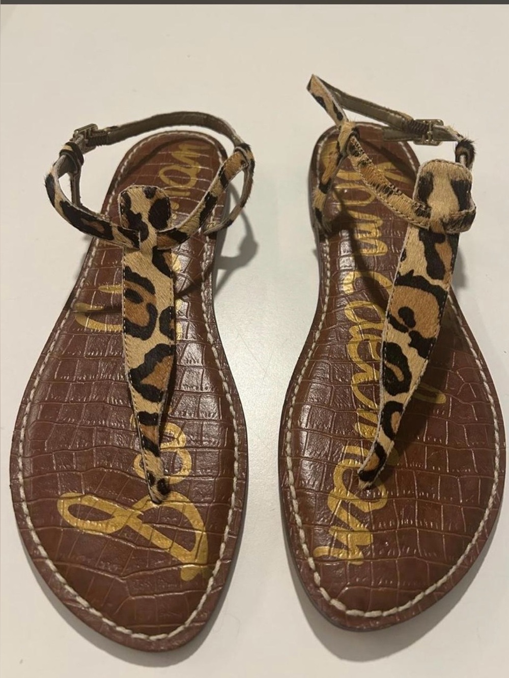 Sam Edelman Gigi Leopard Print Calf Hair T-Strap Flat Sandals 10.5 NWOT